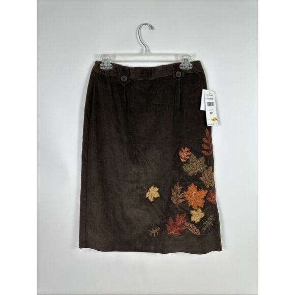 NWT NortonStudio Petites Corduroy Brown Fall Leaves Midi Skirt Size 6P Vintage - Picture 1 of 16